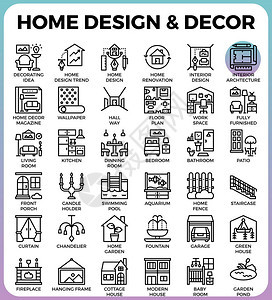 家居设计和装饰概念详细的线条图标设置为现代线条图标样式概念图片