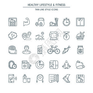 健康生活方式薄线图标集成关于主题健身营养和饮图片