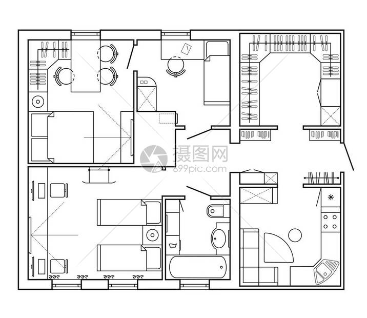 房子的黑白建筑计划公寓的布局与图纸视图中的家具有厨房和浴室图片