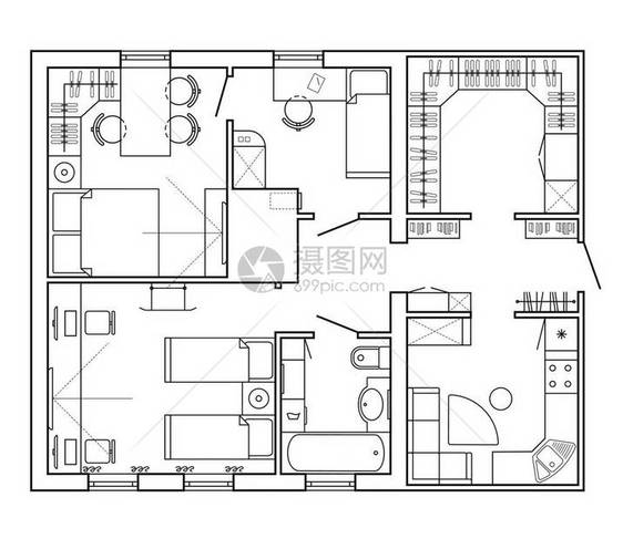 房子的黑白建筑计划公寓的布局与图纸视图中的家具有厨房和浴室图片