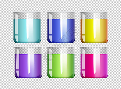 六个装满彩色液体插图的烧杯图片
