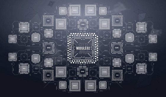 具有未来主义用户界面的现代背景电子计算机硬件技术主板数字芯片集成通信处理器图片