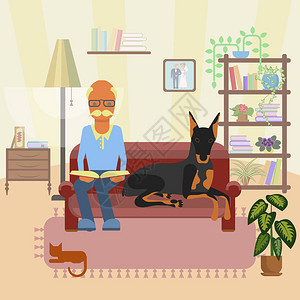 一名带狗的老人坐在沙发上图片