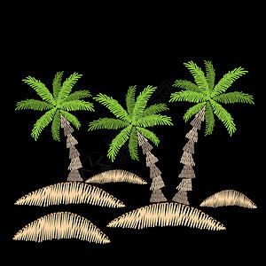 棕榈树刺绣针仿黑色背景刺绣矢量图和异国情调的棕榈树矢量孤立的图片
