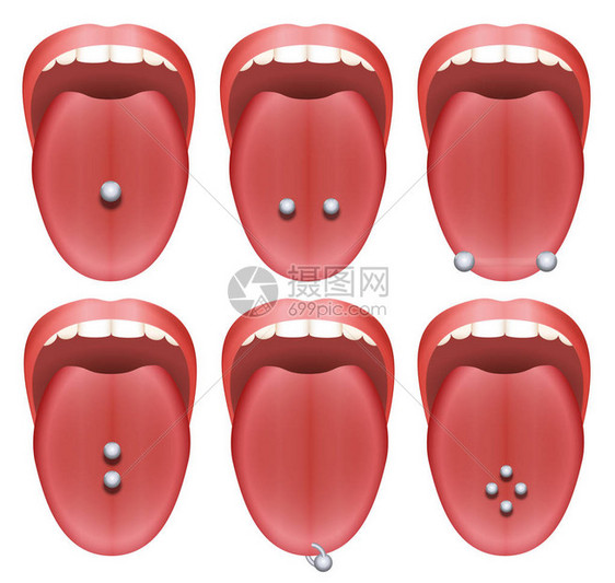 舌头穿孔的例子白色背景上的九图片