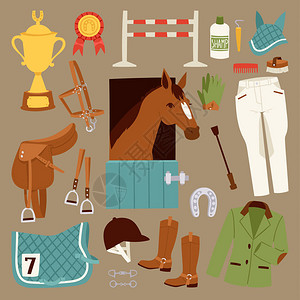 平面颜色骑师图标设置与骑马隔离和马蹄鞍运动比赛马术种马障碍矢量图的设备冠军图片