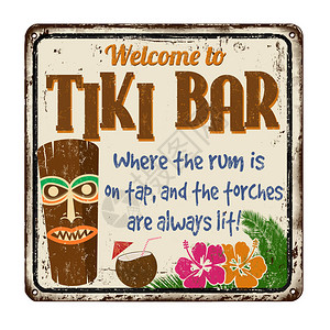 欢迎使用白背景的Tiki酒吧陈年金质属标志图片