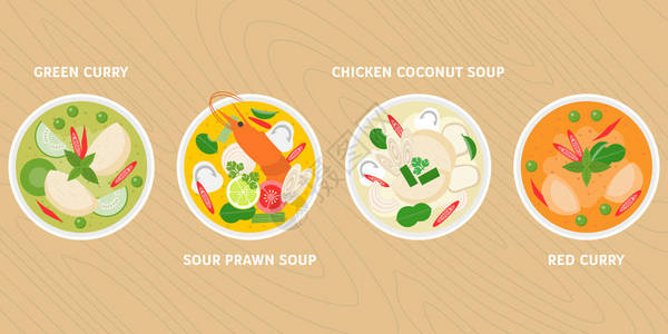 咸菜绿色咖喱热和酸虾汤椰子鸡汤中的鸡红咖哩图片