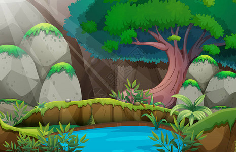 带水坑插图的森林场景背景图片