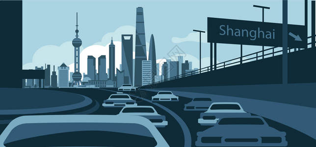 上海交通矢量上海天际线插画