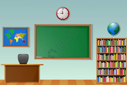 以黑板和教师书桌为学校教室内插画