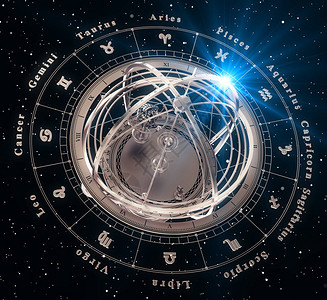 Zodiac符号和黑色背景上的弧形球图片