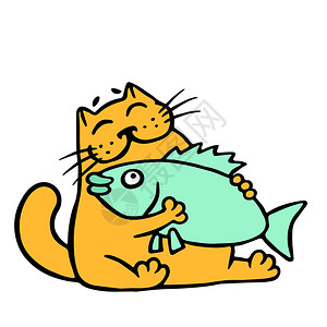 可爱的橙色猫抱大鱼有趣的卡通很酷的角色快乐的宠插画