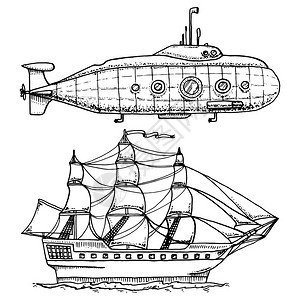 从军用潜艇或带潜望镜的水下船潜入深海游轮或帆船插图雕刻手绘旧素描风图片