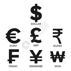 货币图标集向量钱著名的世界货币金融插图美元欧元英镑卢比法郎人民图片
