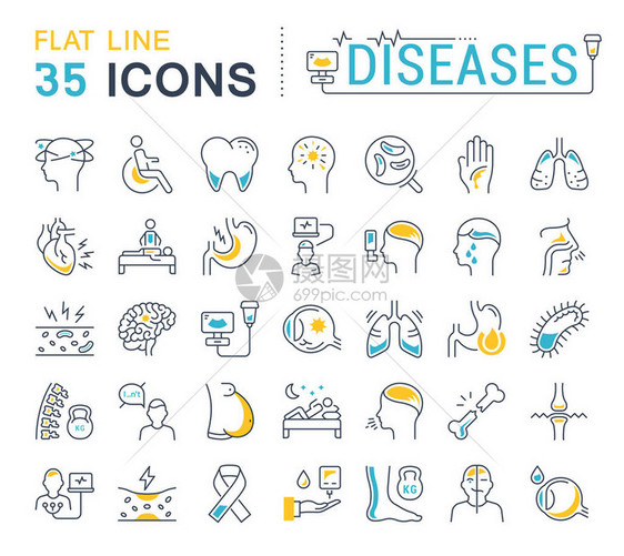 在平面设计疾病中设置矢量线图标符号和符号图片
