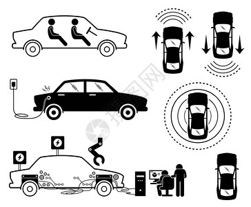汽车制造工厂插图描绘了使用传感器检测周围环境的自动电汽车电动车使用插座给电池充电工程师正在制造和研究插画