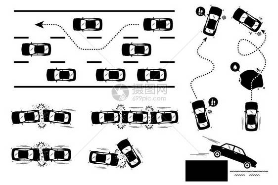 插图描绘了汽车司机超速车酒精影响在湿滑的道路上打滑和暴跌车祸涉及撞车的前部图片