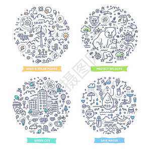 可再生能源野生动物保护节水和绿色生态城市的涂鸦矢量概念图片