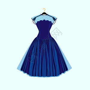 蓝色复古风格连衣裙矢量时尚插画图片