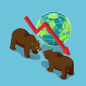平坦的3D等量熊与世界和下降的图表抗争贝尔斯股票市图片