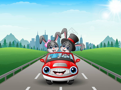 以城市背景为背景驾驶汽车的情侣漫画图片