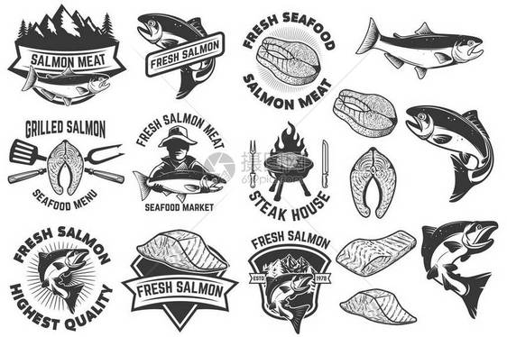 三文鱼肉和徽章海鲜烧烤鱼排标志标志的设计图片