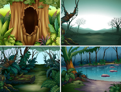 四个森林场景与树木和河流插图图片
