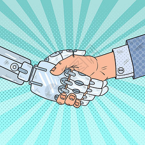流行艺术企业机器人和类握手情报技术矢背景图片