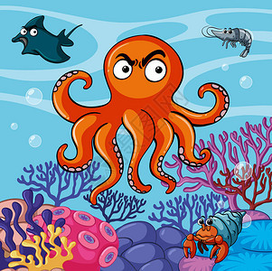 海中八章鱼和其他海洋动物图示Ap图片