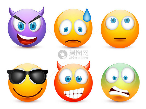 表情符号集带着情绪的黄脸表情3d逼真的表情符号悲伤图片
