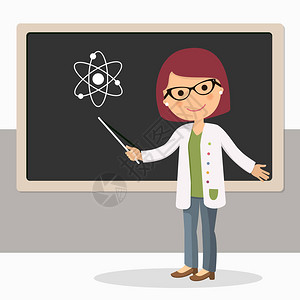 年轻的女教师在教室的黑板上科学课图片