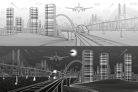 基础设施和交通全景火车在铁路上行驶飞机大斜拉桥现代夜城塔楼和摩天大楼深色和浅色背景上的线条图片