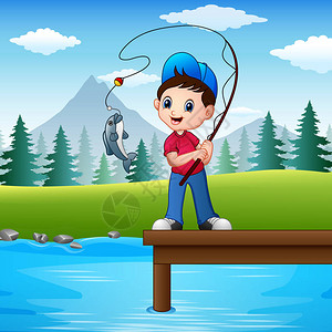 小男孩在河里钓鱼的矢量图图片