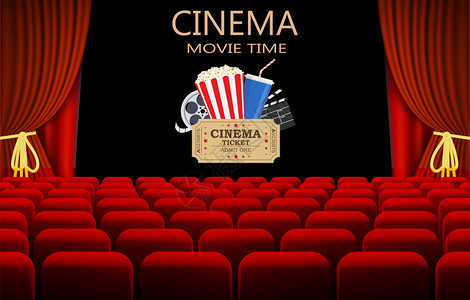 剧场背景配有一排红色座位的电影剧场插画