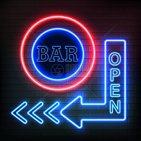 箭头形状的开放式酒吧霓虹夜招牌在砖墙背景上显示方向逼图片