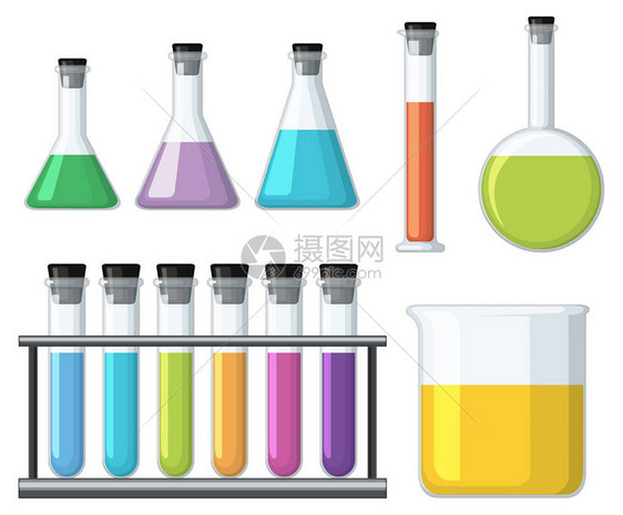 带有彩色液体插图的烧杯图片
