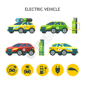 电动汽车一套矢量插图白色背景的孤立部分图片