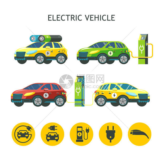 电动汽车一套矢量插图白色背景的孤立部分图片