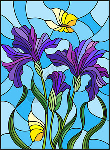 以彩色玻璃风格用一束紫色的花束和蓝色背景的黄图片