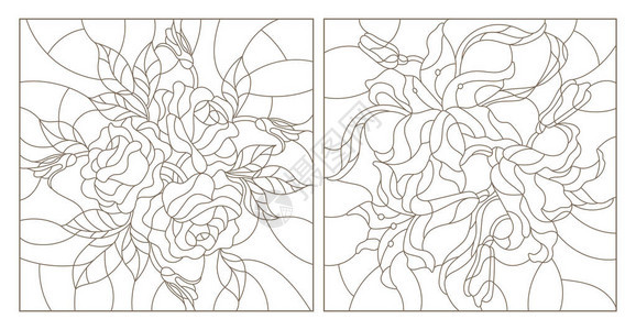 设置有花苍白和玫瑰的染色玻图片