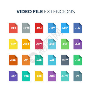 平面样式图标集视频文件类型扩展名文档格式象形图网络和多媒体图片