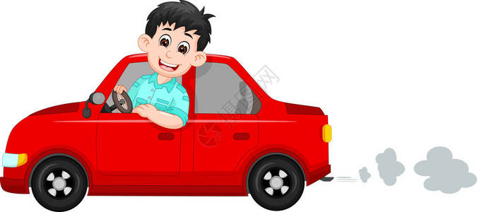 一名男孩驾驶一辆红色汽车并带幸福卡通漫高清图片