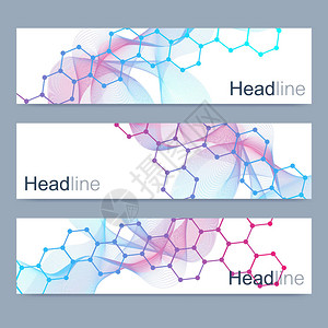 科学的现代矢量横幅集具有连接线和点的DNA分子结构科学矢量背景医学技图片