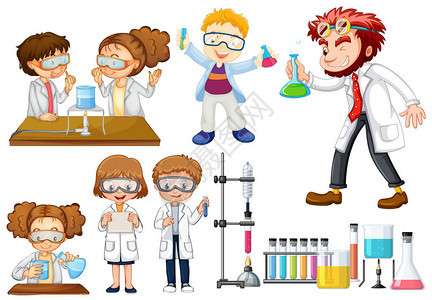 许多科学家和学生在做实验插图片