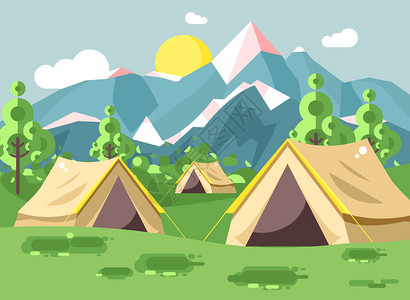 3个帐篷搭建了生存树丛草坪树木白天阳光明日平式山室外背景的徒步旅行规则图片