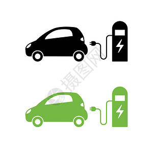 电动汽车和充电站图标混合动力汽车符号环保汽车或电动汽车背景图片