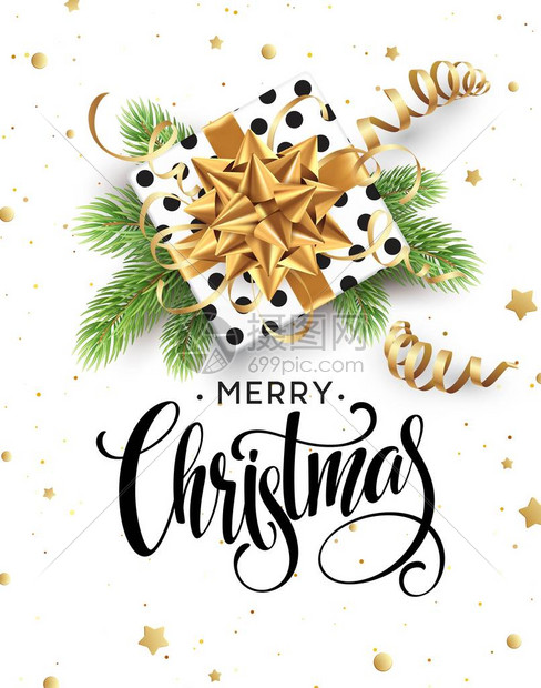 圣诞背景与礼品盒与金弓彩带五彩纸屑圣诞树小枝明信片小册子传单海报模板矢量图图片