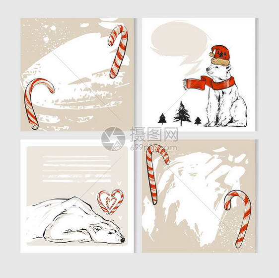 圣诞快乐贺卡套装了可爱的Xmas北极熊角色图片