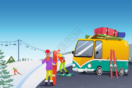 冬季度假村情侣单板滑雪的矢量图解图片
